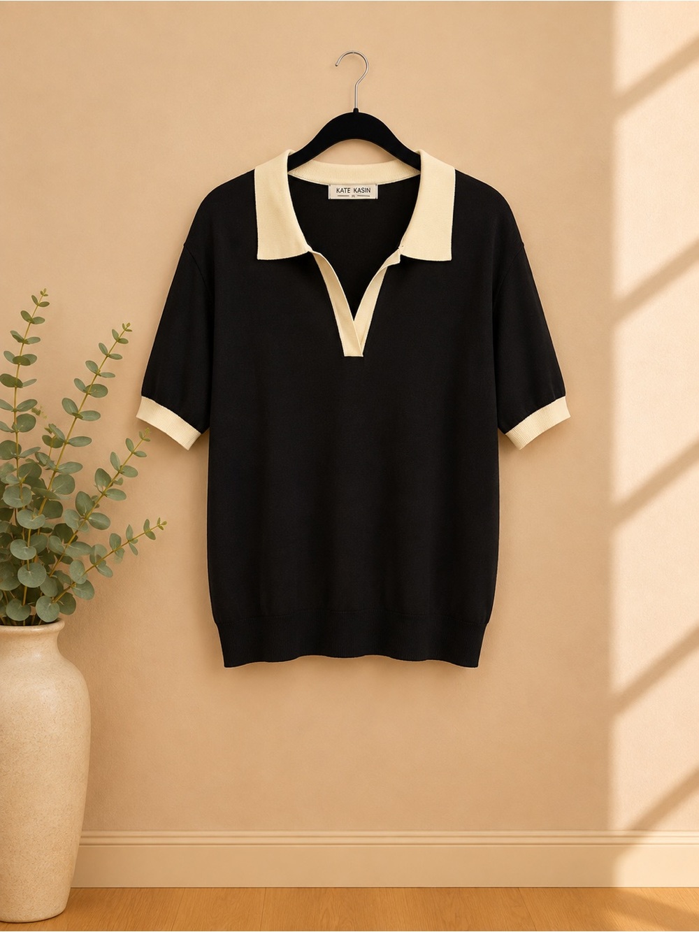 KATE KASIN Black V-Neck Polo Sweater with Cream Trim